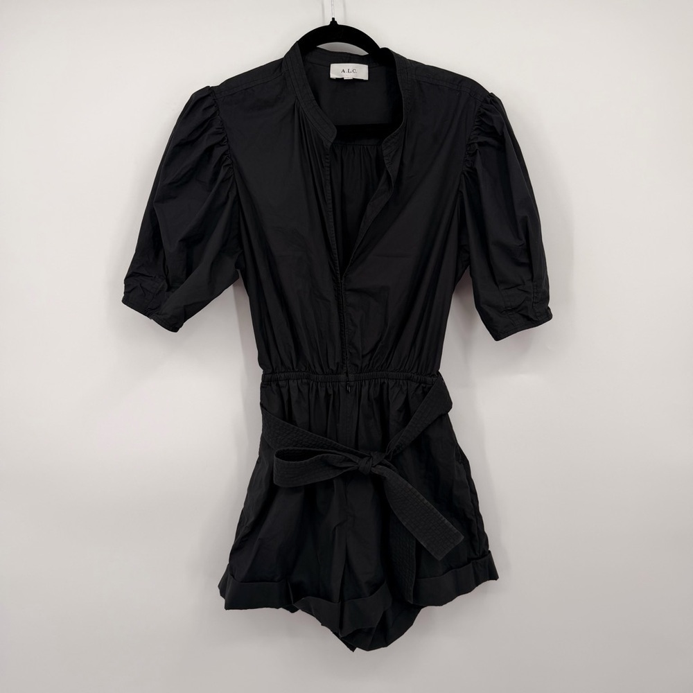 A.L.C. Black Utility Romper Puff Sleeve Tie Waist Shorts Size 6